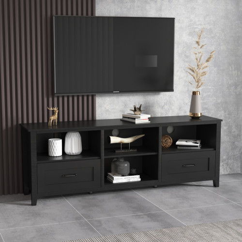 Open Shelving TV Stand With Bookcase And Two Drawers - Black