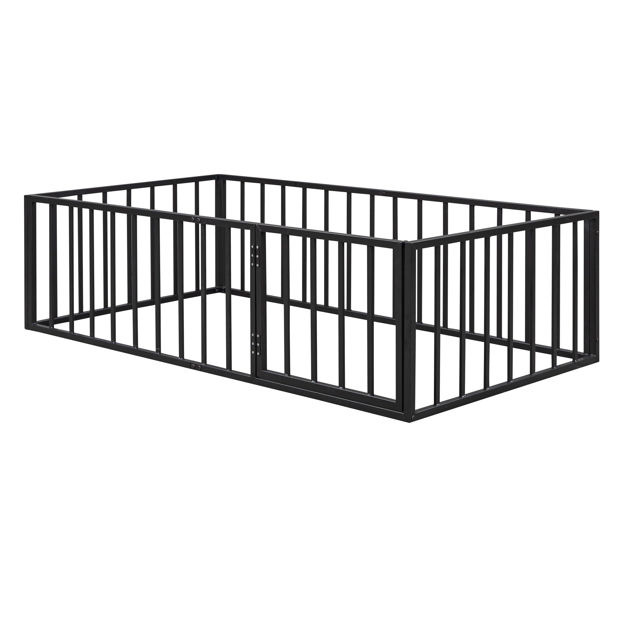 Metal Floor Bed Frame With Fence And Door - Black