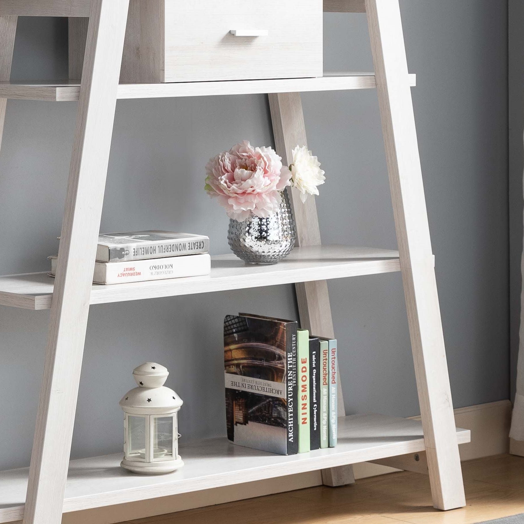 Modern Home Display Cabinet 4 Tier Open Shelving With Center Drawer - White Oak