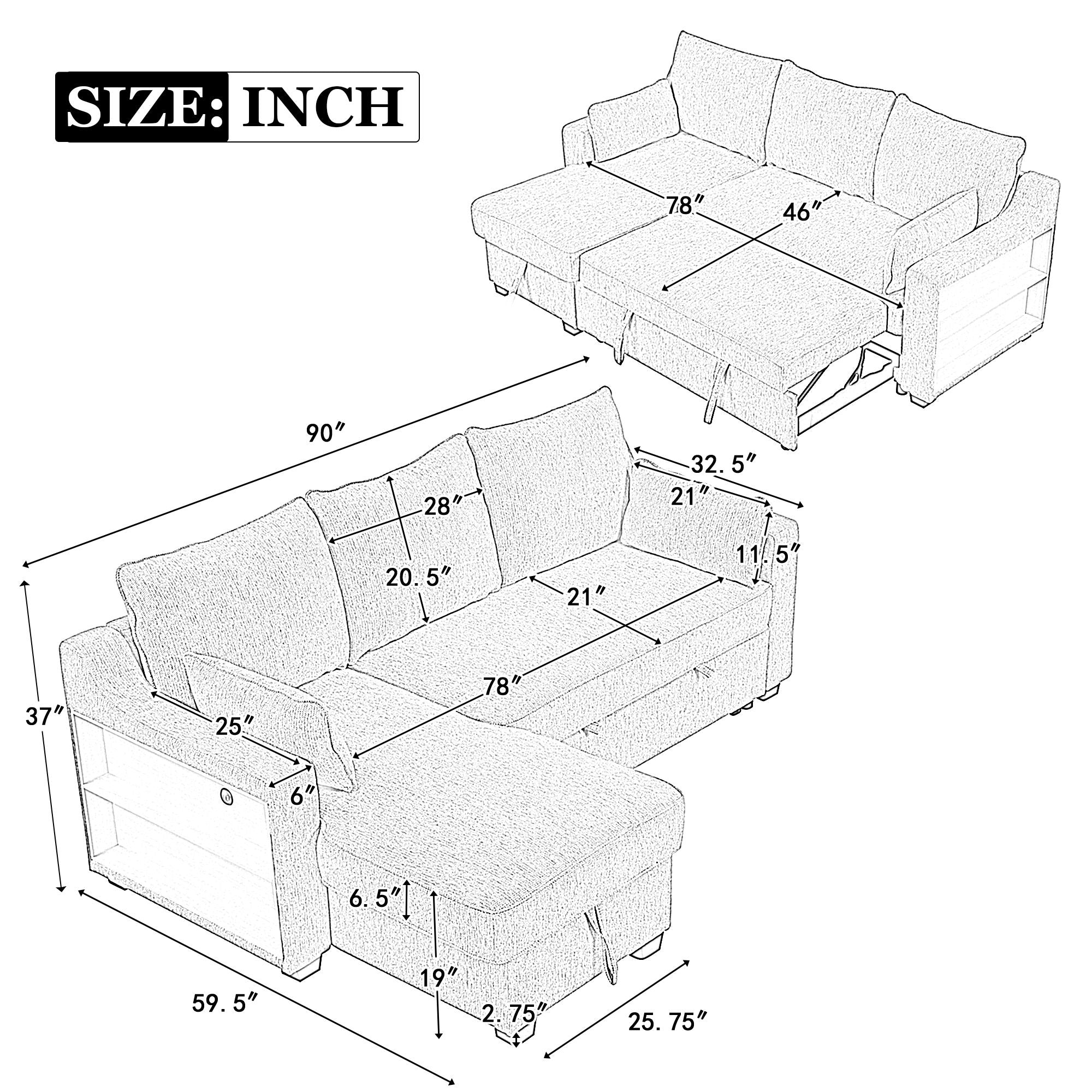 Pull Out Sleeper Sofa L-Shaped Couch Convertible Sofa Bed With Storage Chaise, Storage Racks And USB Ports