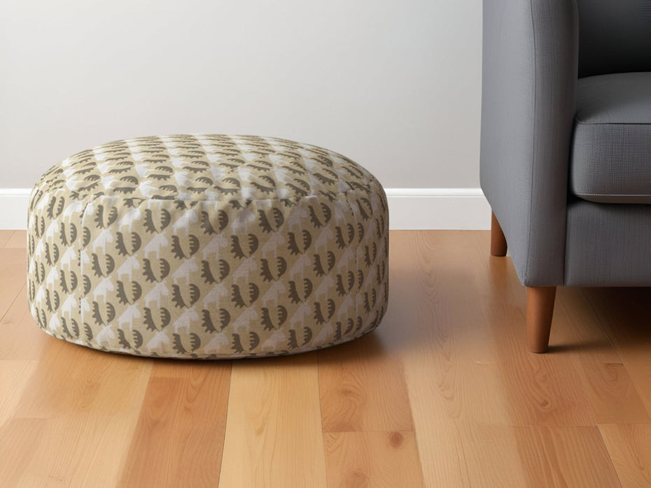 Cotton Round Animal Print Pouf Ottoman - Beige