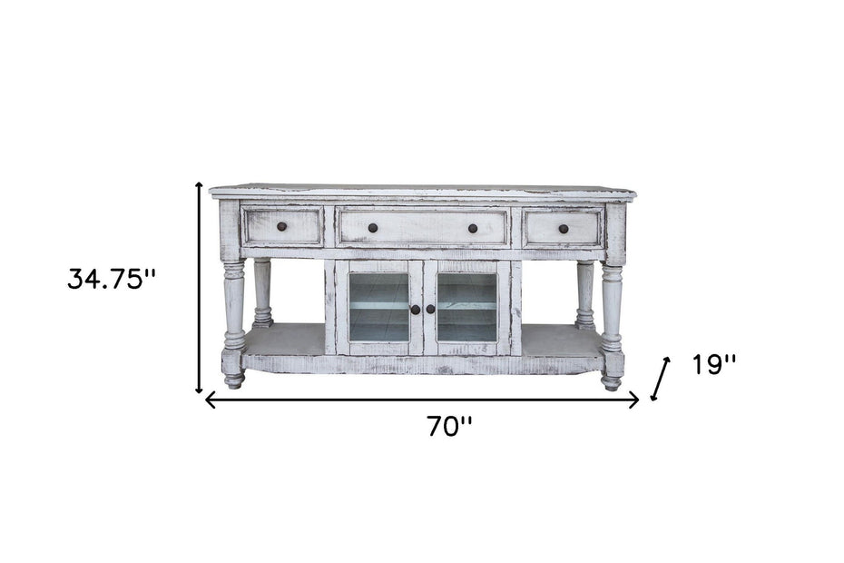 Solid Wood Open Shelving Distressed TV Stand - White