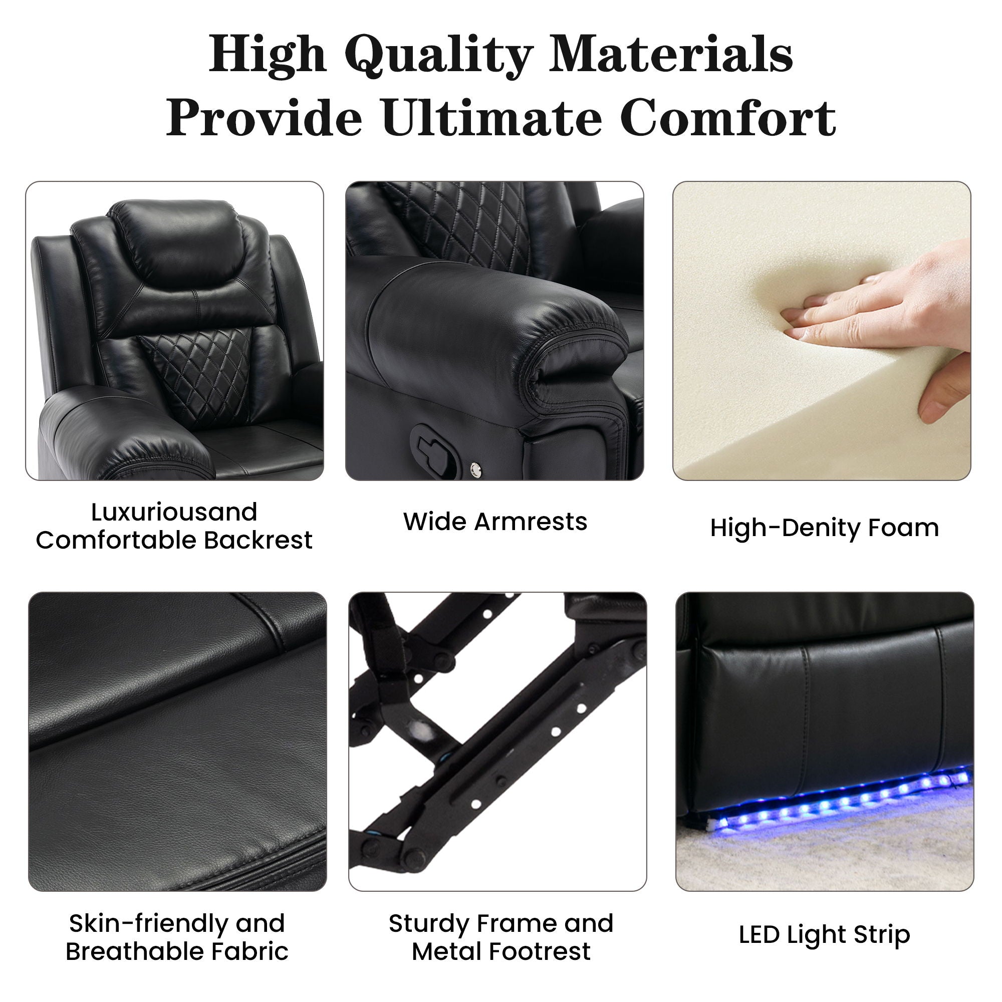 3 Pieces Recliner Sofa Sets Home Theater Seating Manual Recliner Chair With Center Console And Led Light Strip For Living Room