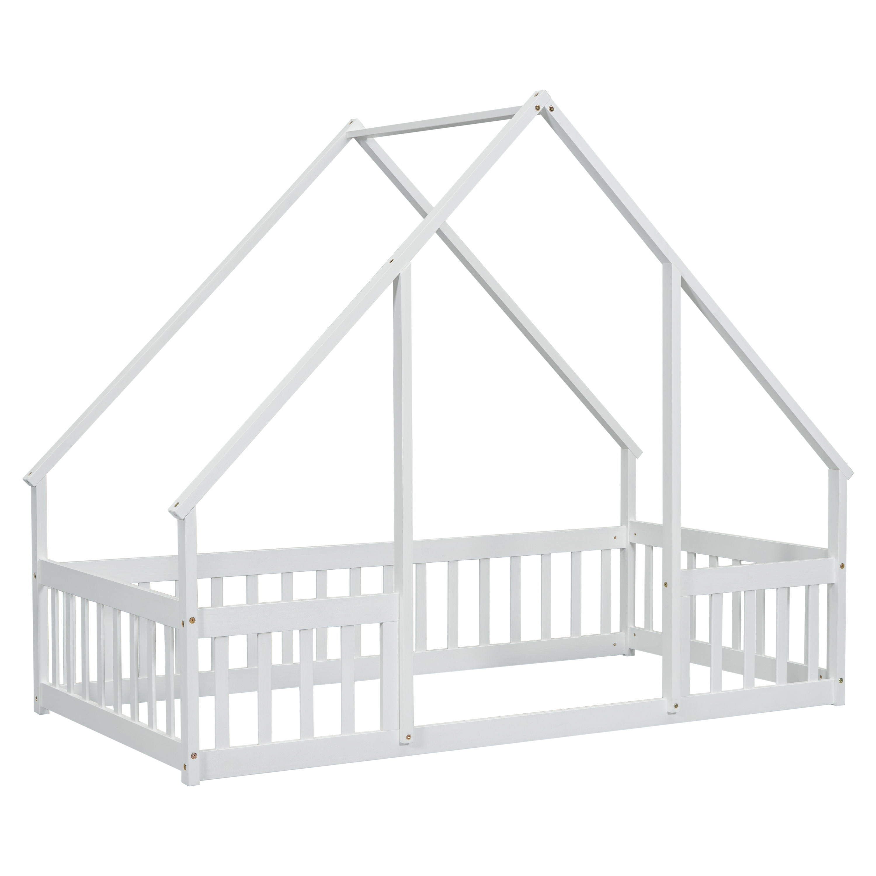 Wood House-Shaped Floor Bed With Fence, Guardrails