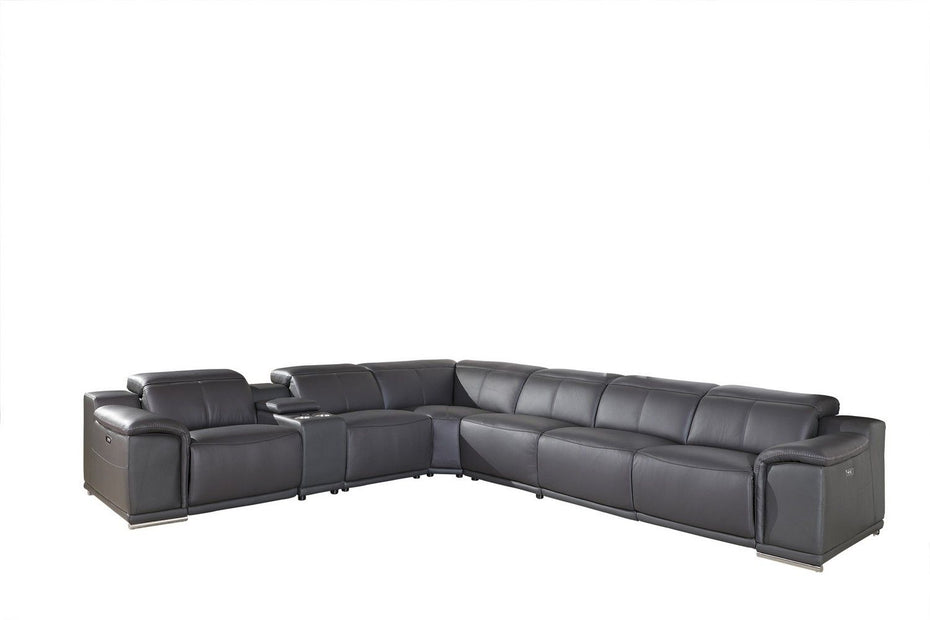 Italian Leather U Shaped Power Reclining Seven Piece Corner Sectional With Console - Gray