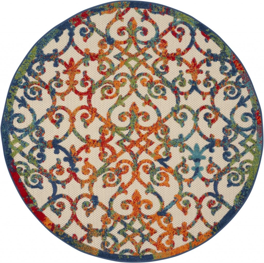 5' Round Round Floral Area Rug Indoor / Outdoor - Blue / Ivory