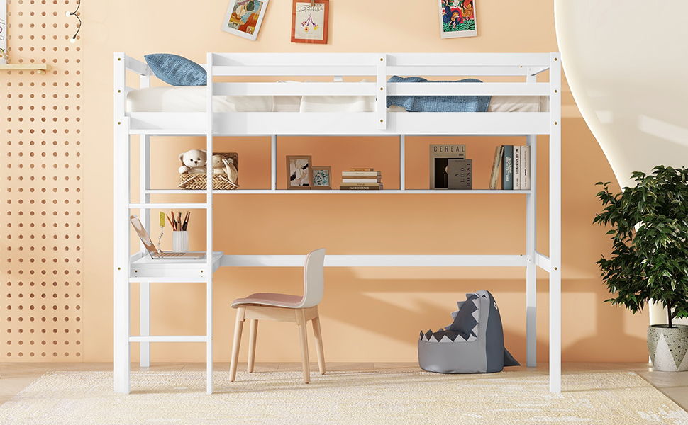 Loft Bed With Desk And Shelves, Safety Guardrail And Ladder