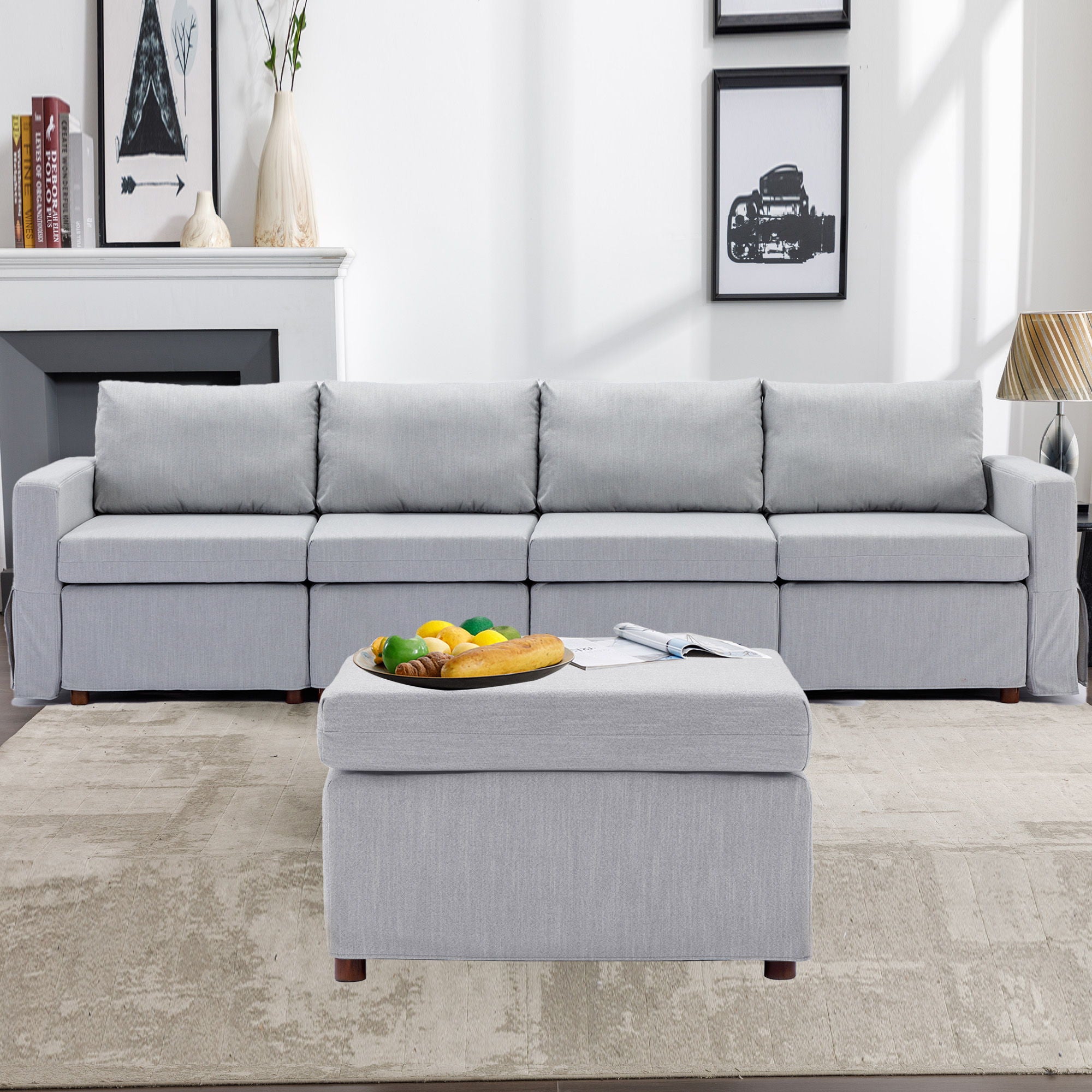 4 Seat Module Sectional Sofa Couch With 1 Ottoman For Living Room, Seat Cushion And Back Cushion Non-Removable And Non-Washable