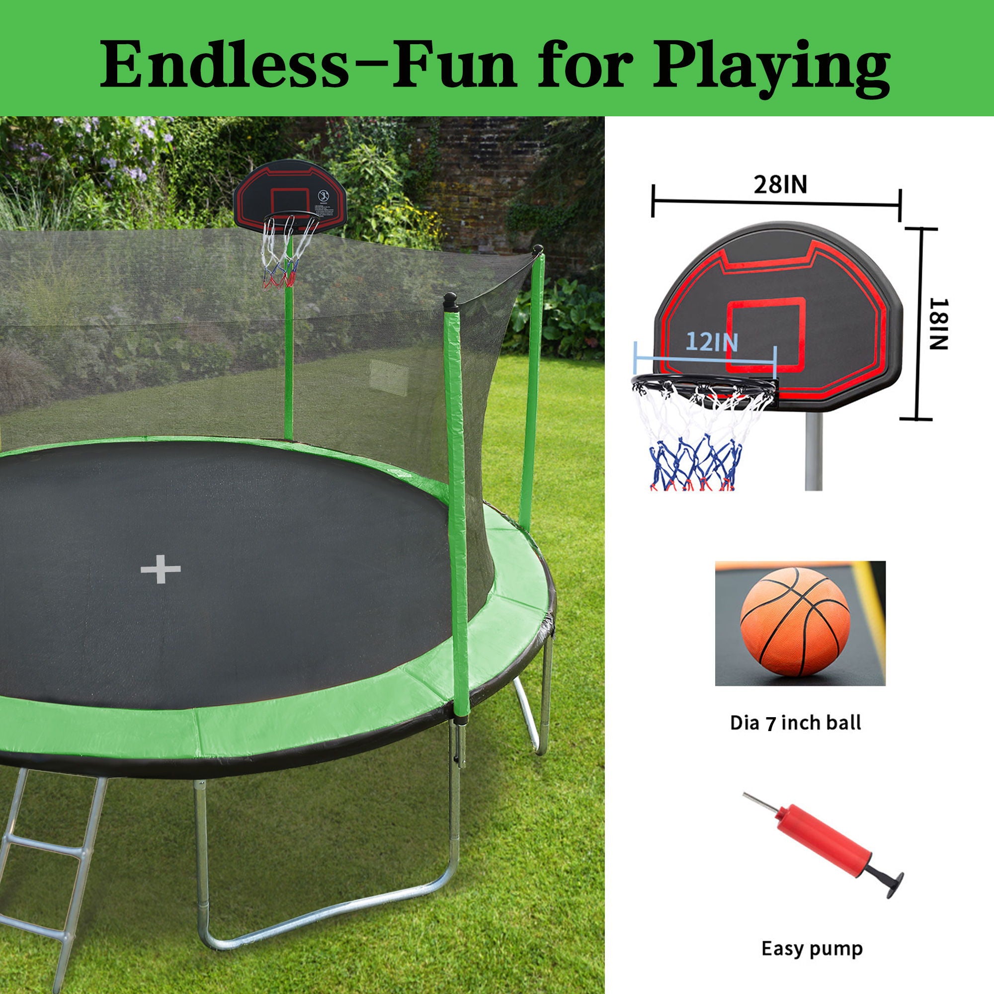 15Ft Trampoline With Basketball Hoop Inflator And Ladder (Inner Safety Enclosure)