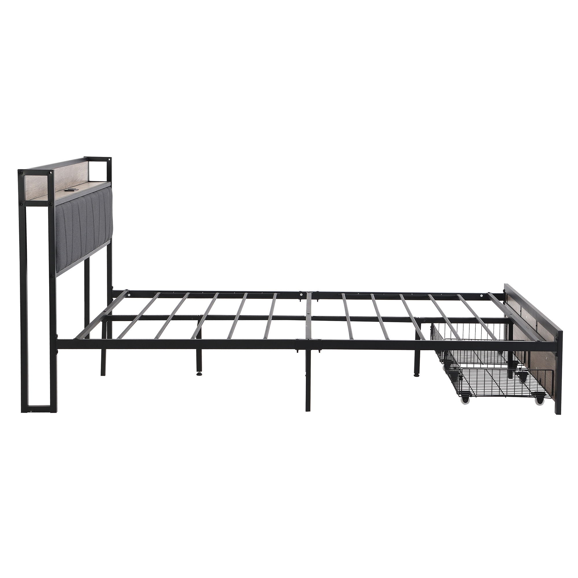 Metal Platform Bed Frame With Upholsteryolstery Storage Function Headboard And USB Liner And Footboard With Drawers, No Box Spring Needed, Large Under Bed Storage