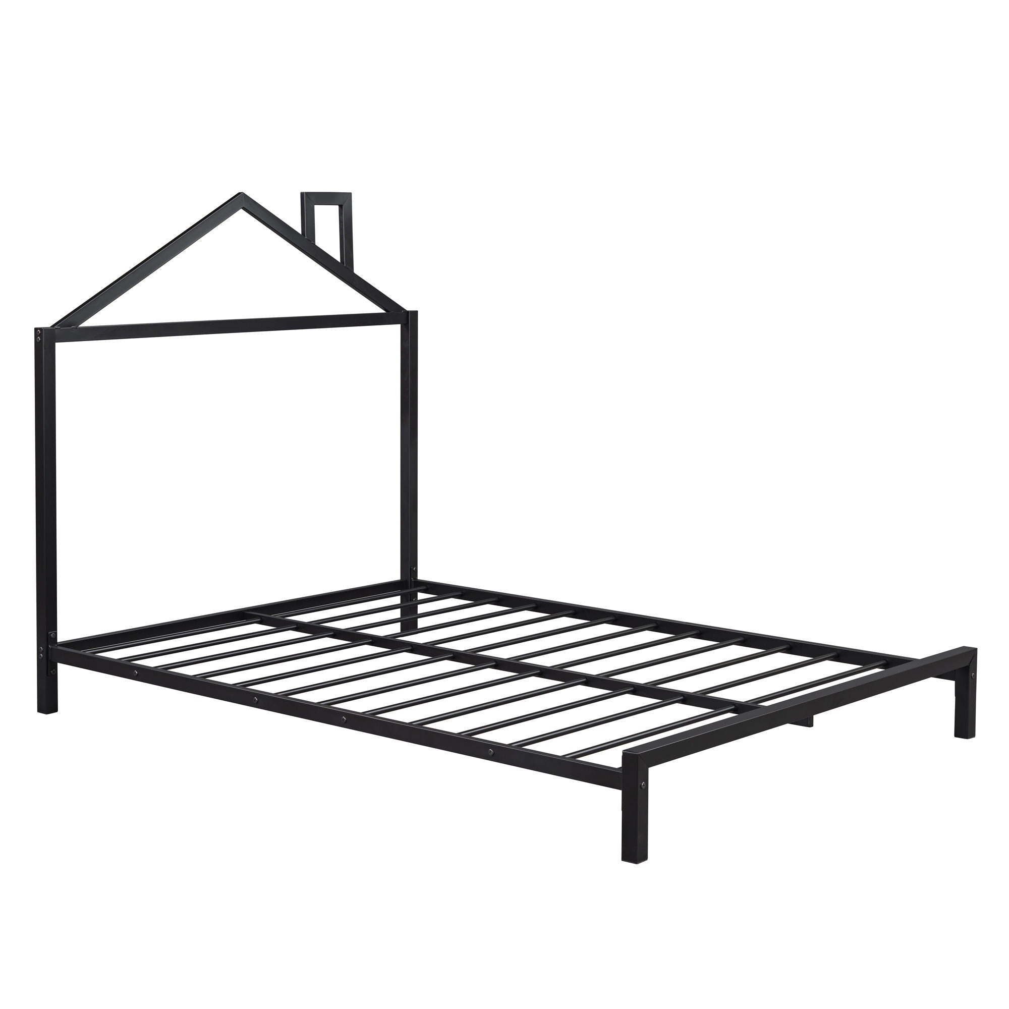 Full Size Metal Platform Bed With House-Shaped Headboard Design