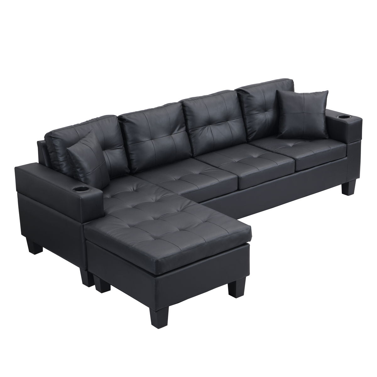 Sectional Sofa Set For Living Room With L Shape Chaise Lounge, Cup Holder, Left Or Right Hand Chaise Modern 4 Seat - Black