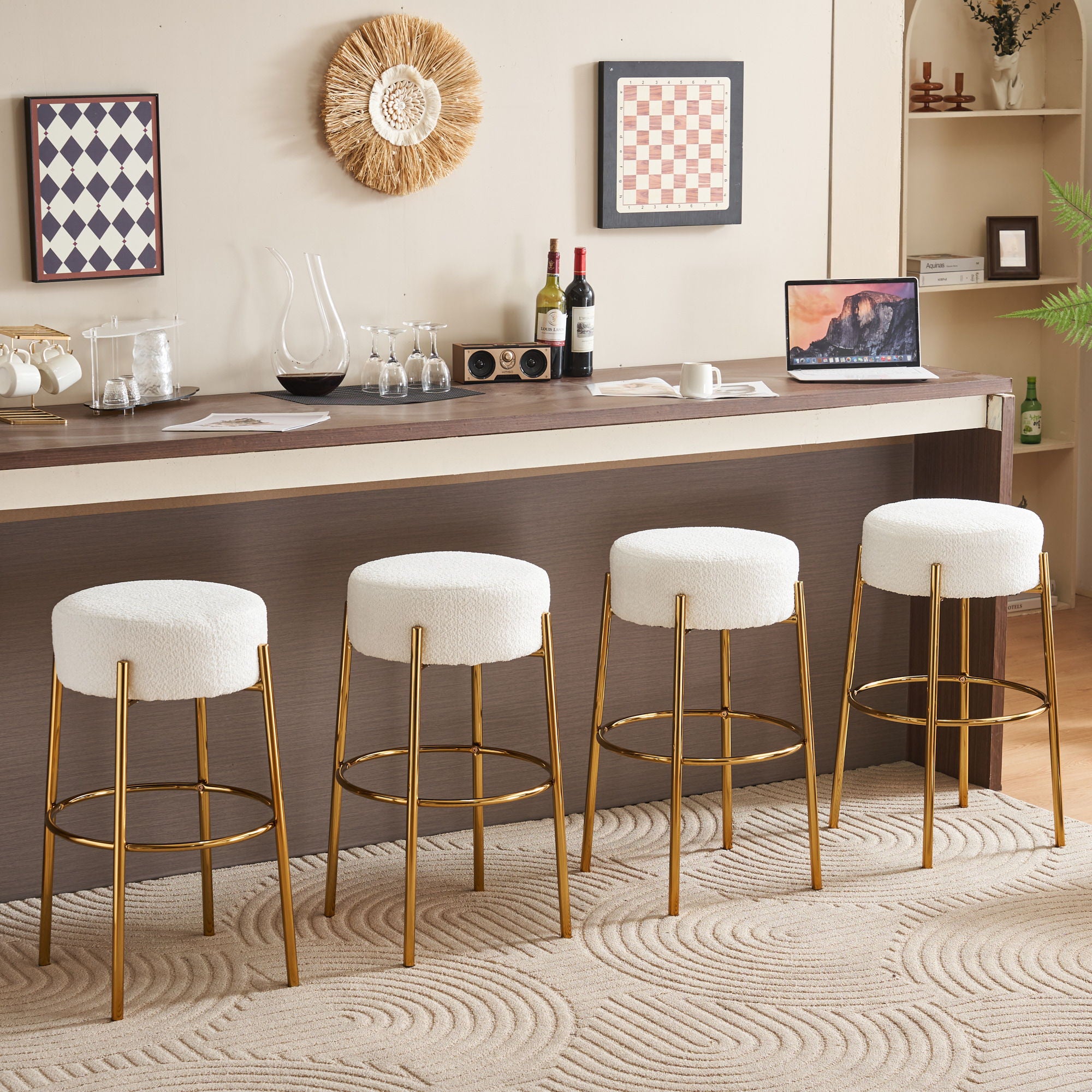 Round High Bar Stools (Set of 2), Contemporary Upholstered Dining Stools For Kitchens, Coffee Shops And Bar Stores - Gold Legs