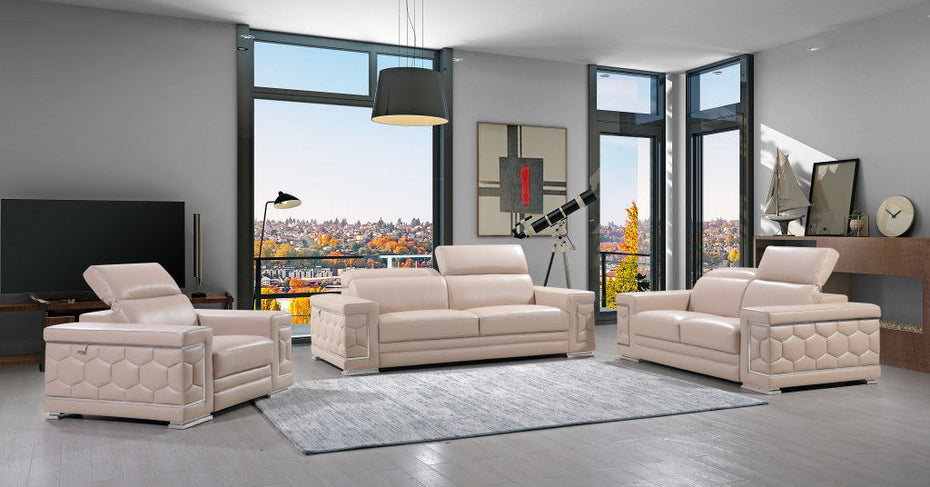 Italian Leather Sofa & Silver Legs - Beige