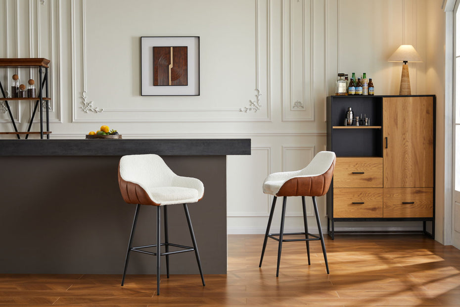 Modern Counter Height Bar Stools (Set of 2), Mid-Century Leather Upholstered Accent Arm Bar Stools, Leisure Side Chair With Metal Legs For Kitchen & Dining Room - Dark Brown / White