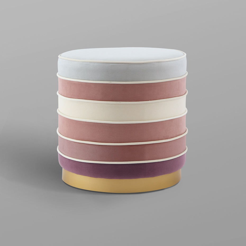 Velvet Round Striped Ottoman - Blush / Gold