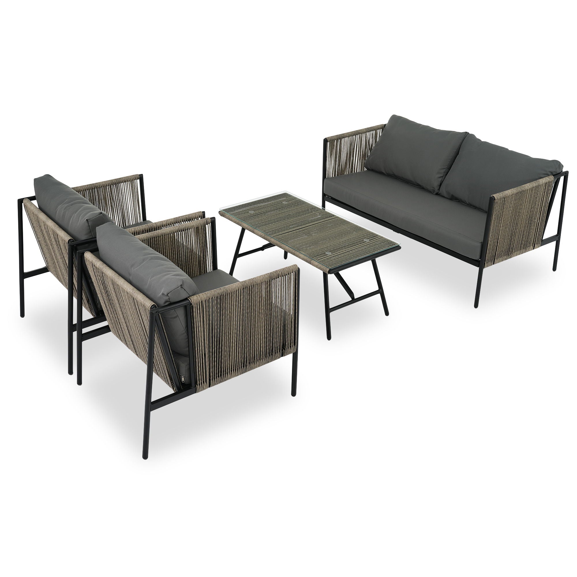 4 Piece Rope Sofa Set With Thick Cushions And Toughened Glass Table, All-Weather Patio Furniture Set For 4 Person With Loveseat