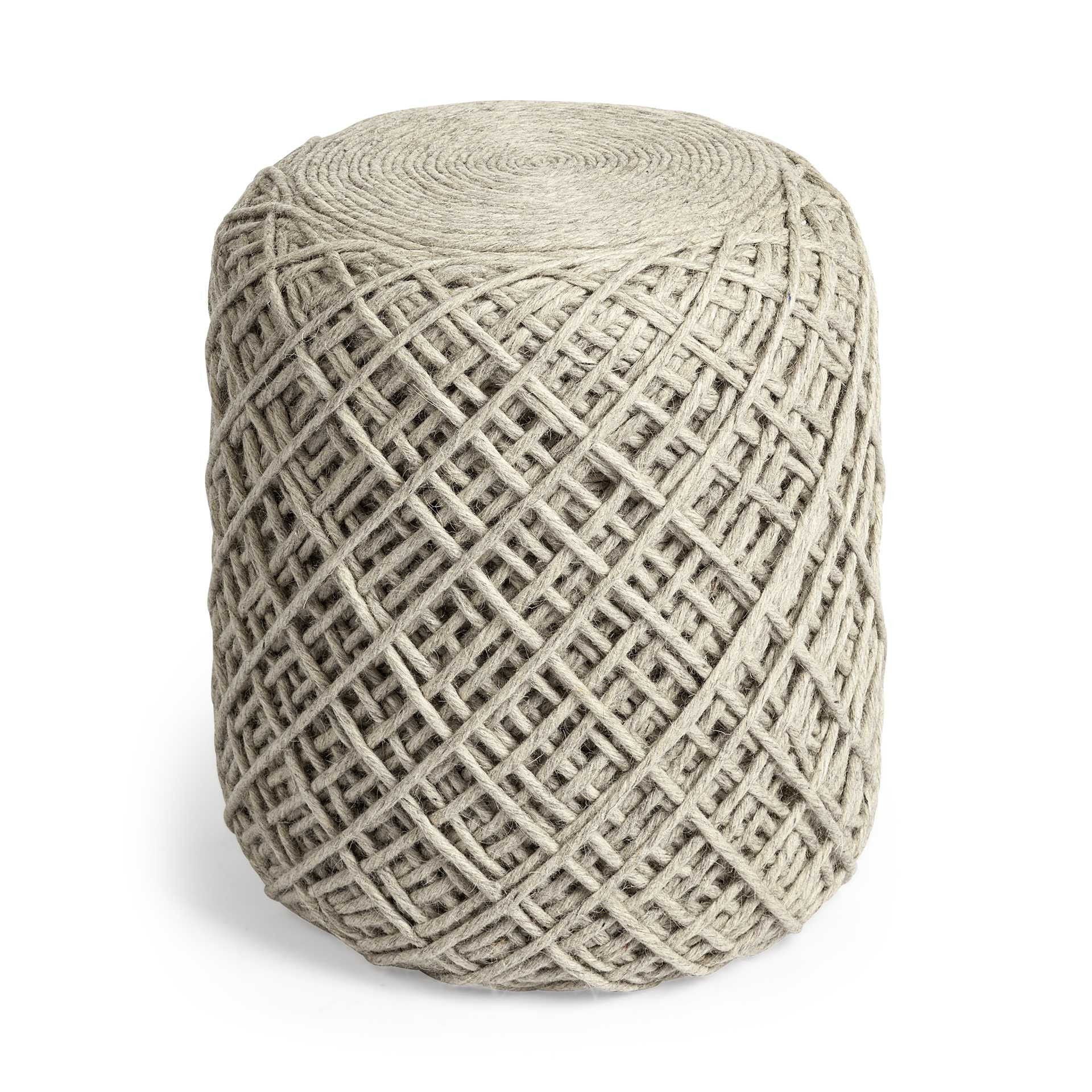 Wool Cylindrical Pouf With Diamond Pattern - Oatmeal