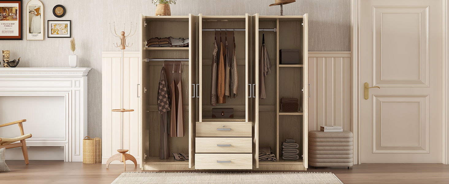 6 Doors Wooden Wardrobe Storage For Bedroom With Big Drawers