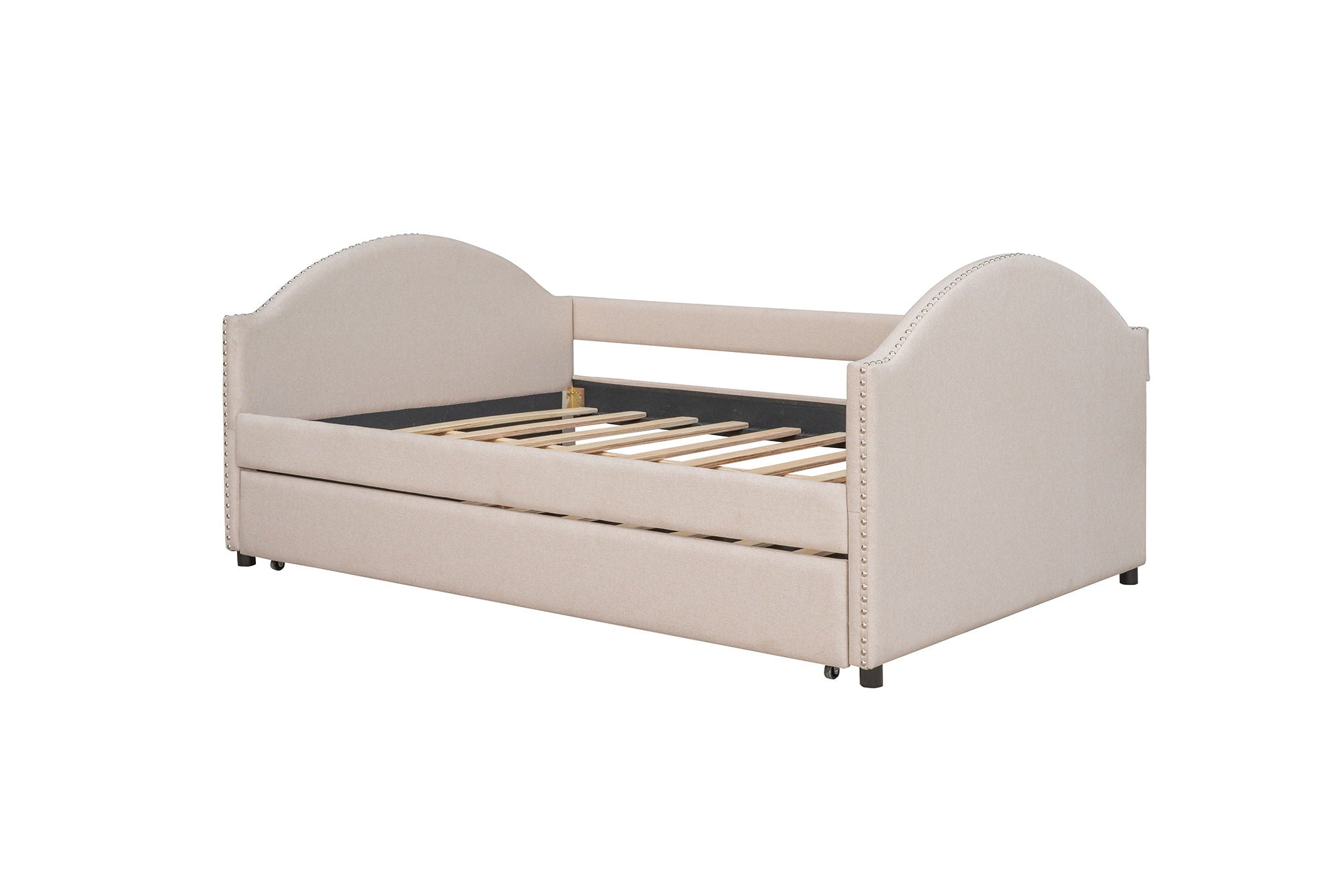 Full Size Upholstered Daybed With Twin Size Trundle, Wood Slat Support - Beige