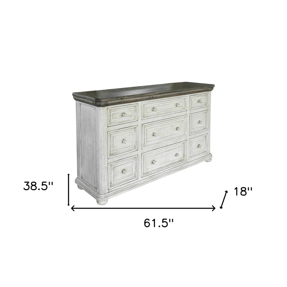 Solid Wood Nine Drawer Triple Dresser - Gray / Ivory