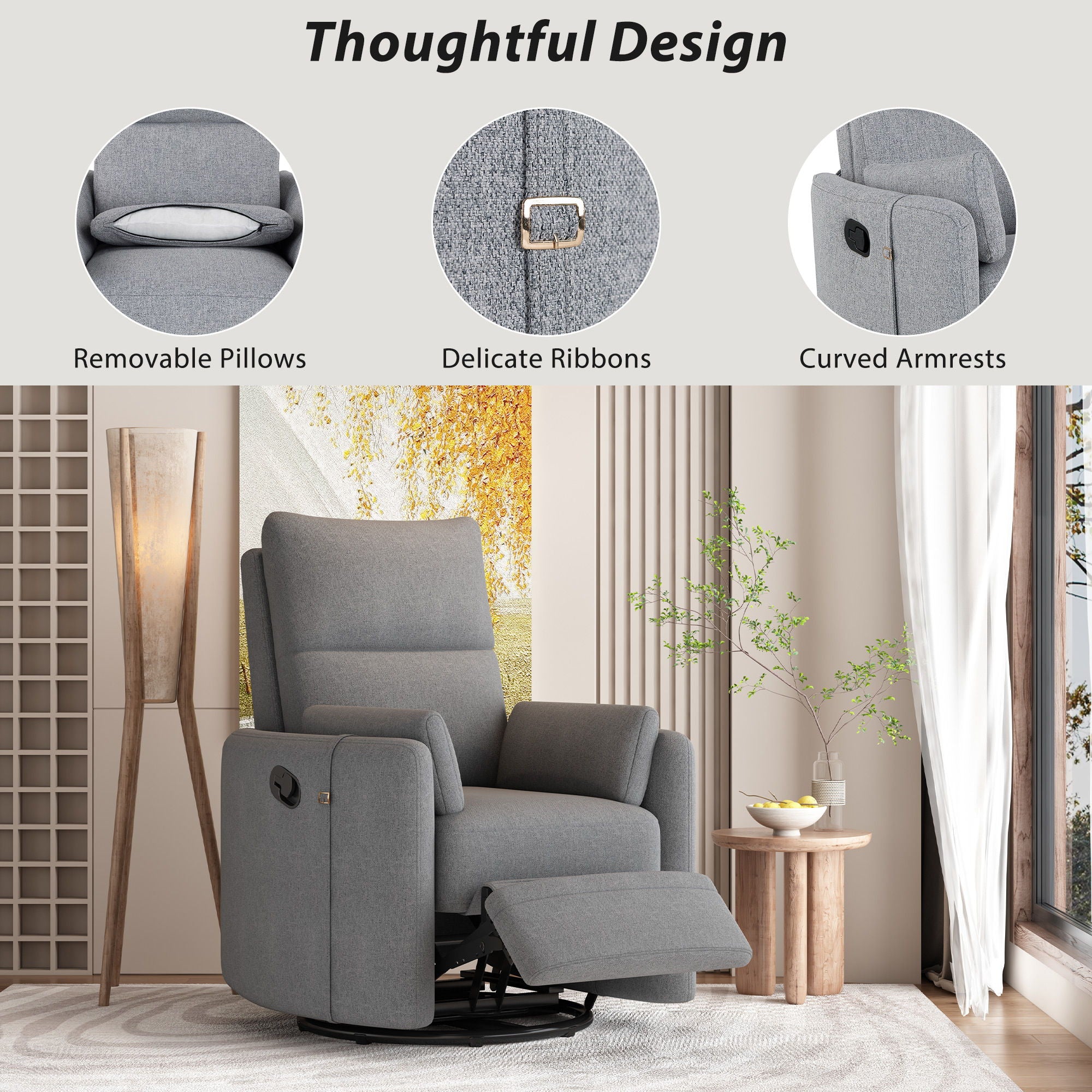 Upholstered Swivel Recliner Manual Rocker Recliner Chair Baby Nursery Chair With Two Removable Pillows For Living Room