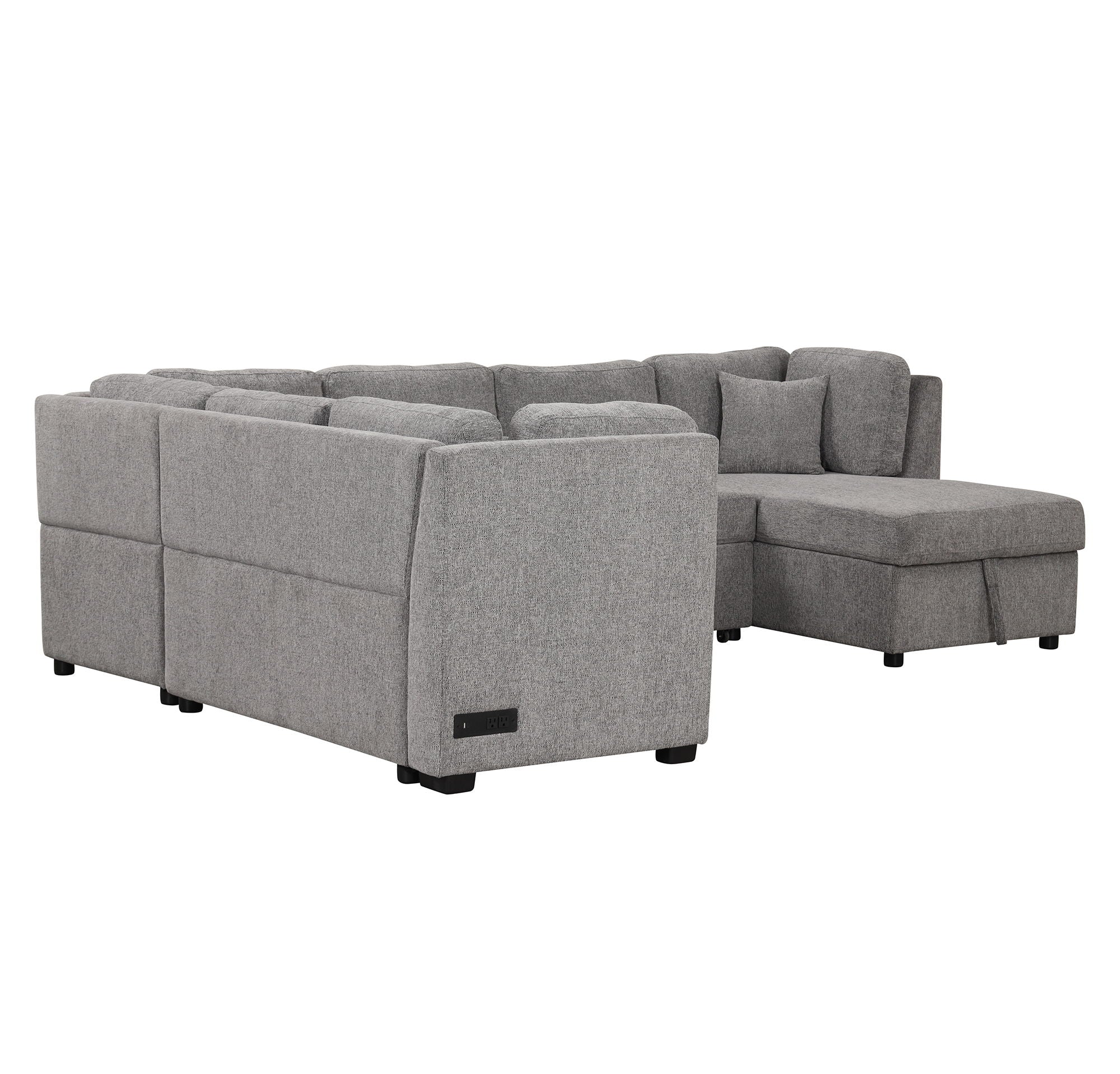 U-Shaped Sectional Sofa Pull Out Sofa Bed With Two USB Ports, Two Power Sockets, Three Back Pillows And A Storage Chaise For Living Room