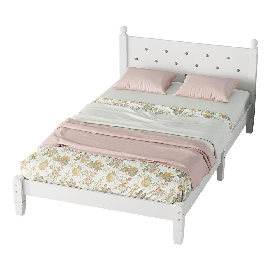 Twin Bed With Button-Decoration Headboard, With Bed Slats - White