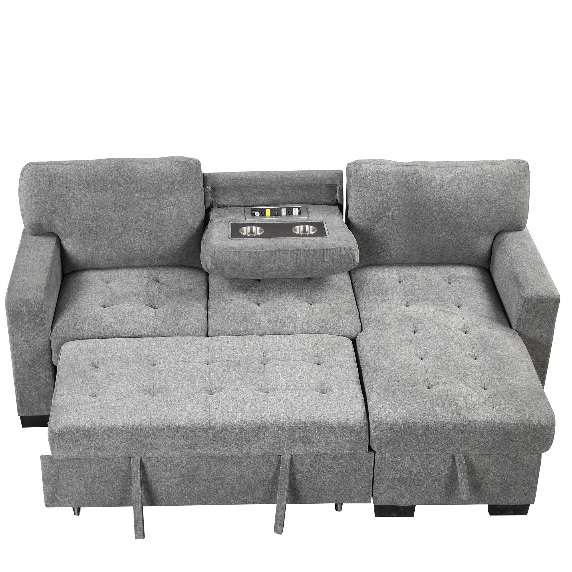 Stylish And Functional Light Chaise Lounge Sectional With Storage Rack Pull-Out Bed Drop Down Table And USB Charger