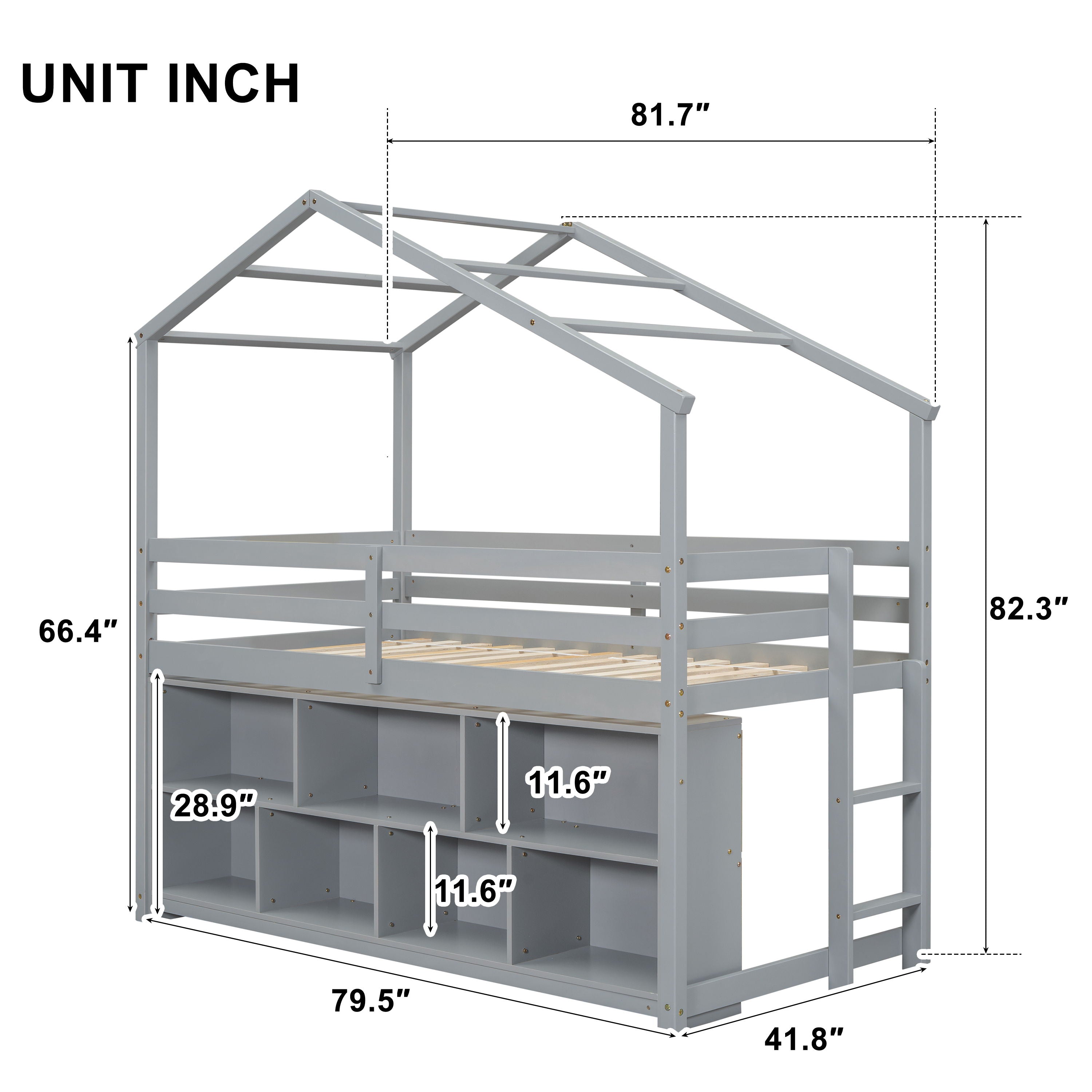 House Loft Bed With Roof Frame, Under Bed Shelving Storage Unit, Guardrails, Ladder