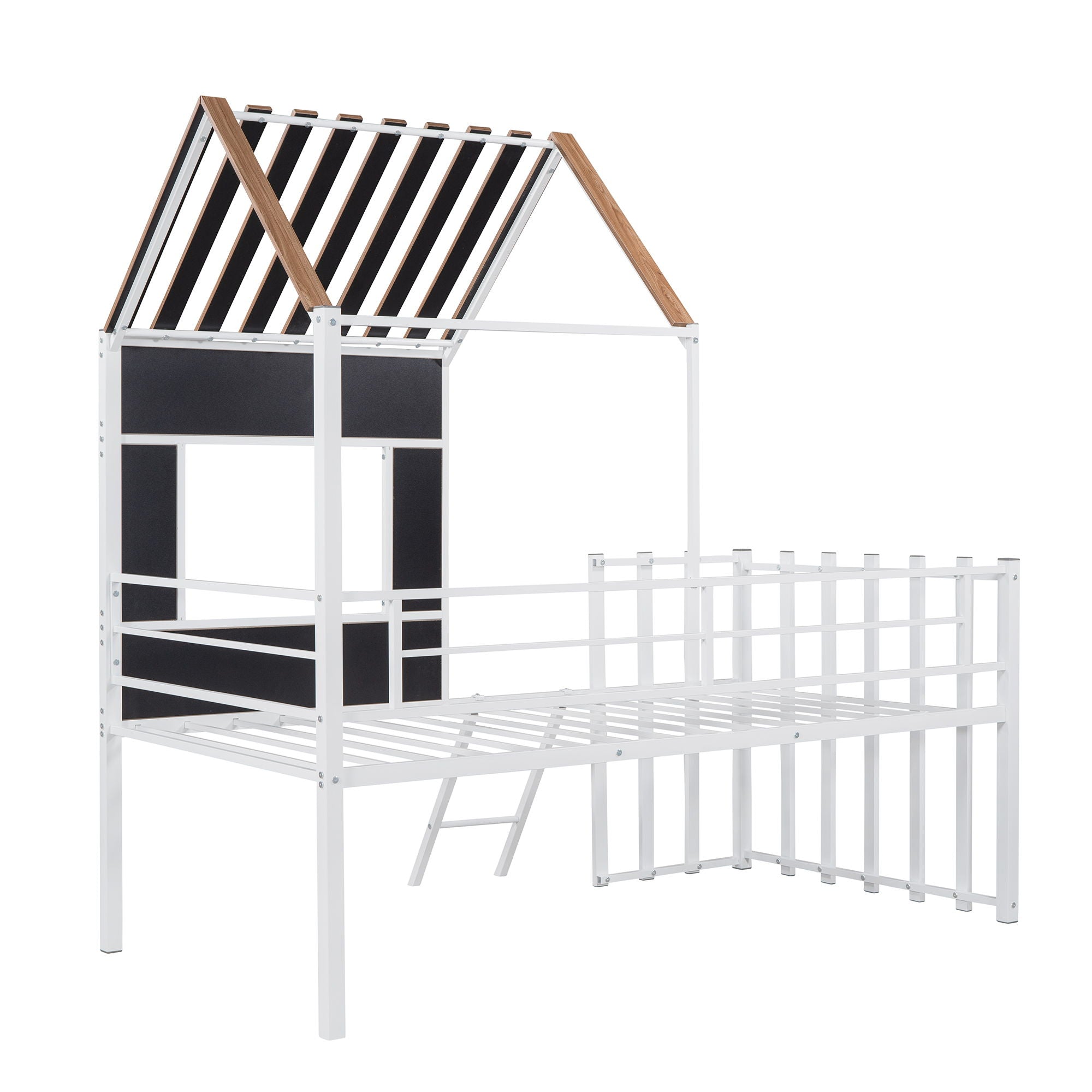 Twin Size Loft Bed With Roof, Window, Guardrail, Ladder