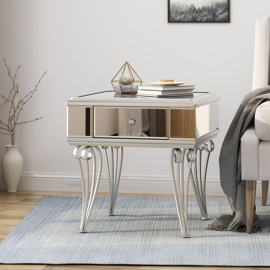 Mirrored Nightstand End Table With 1 Drawer For Bedroom Living Room - Silver