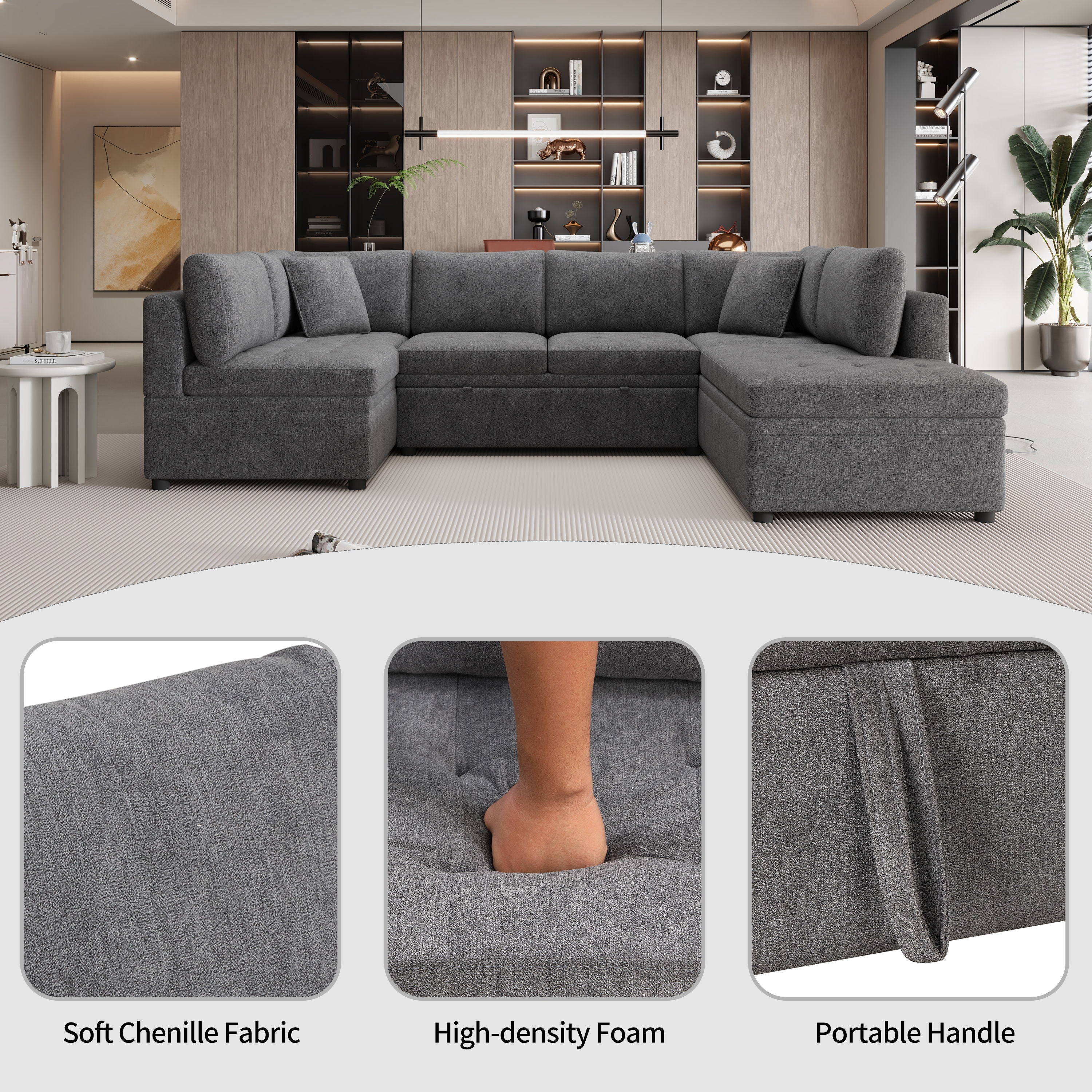 Oversized Sectional Sofa U-Shaped Sofa Couch Pull-Out Sofa Bed With Two Throw Pillows For Living Room