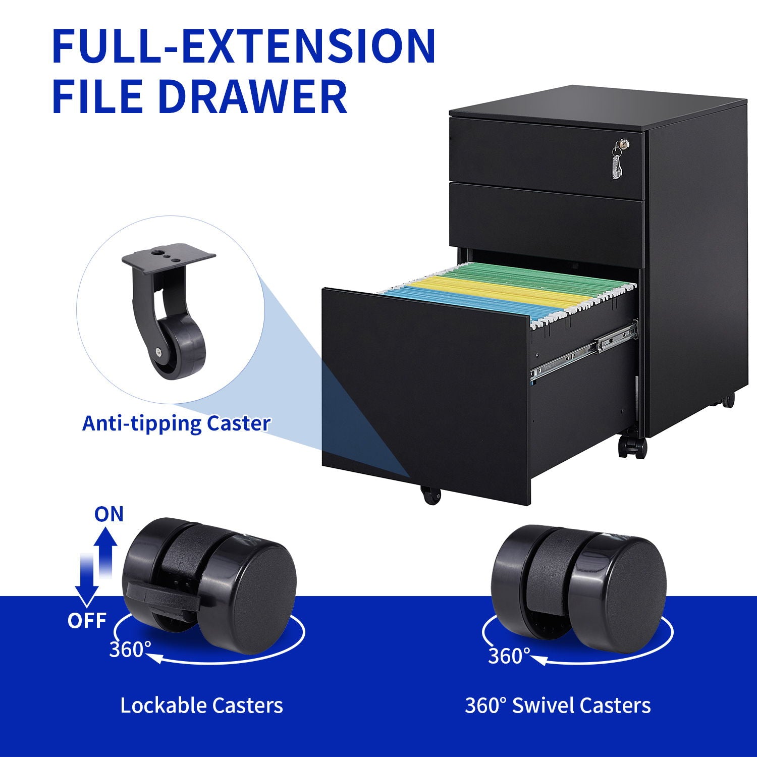 3 Drawer Mobile File Cabinet With Lock Steel File Cabinet For Legal / Letter / A4 / F4 Size, Home / Office Design