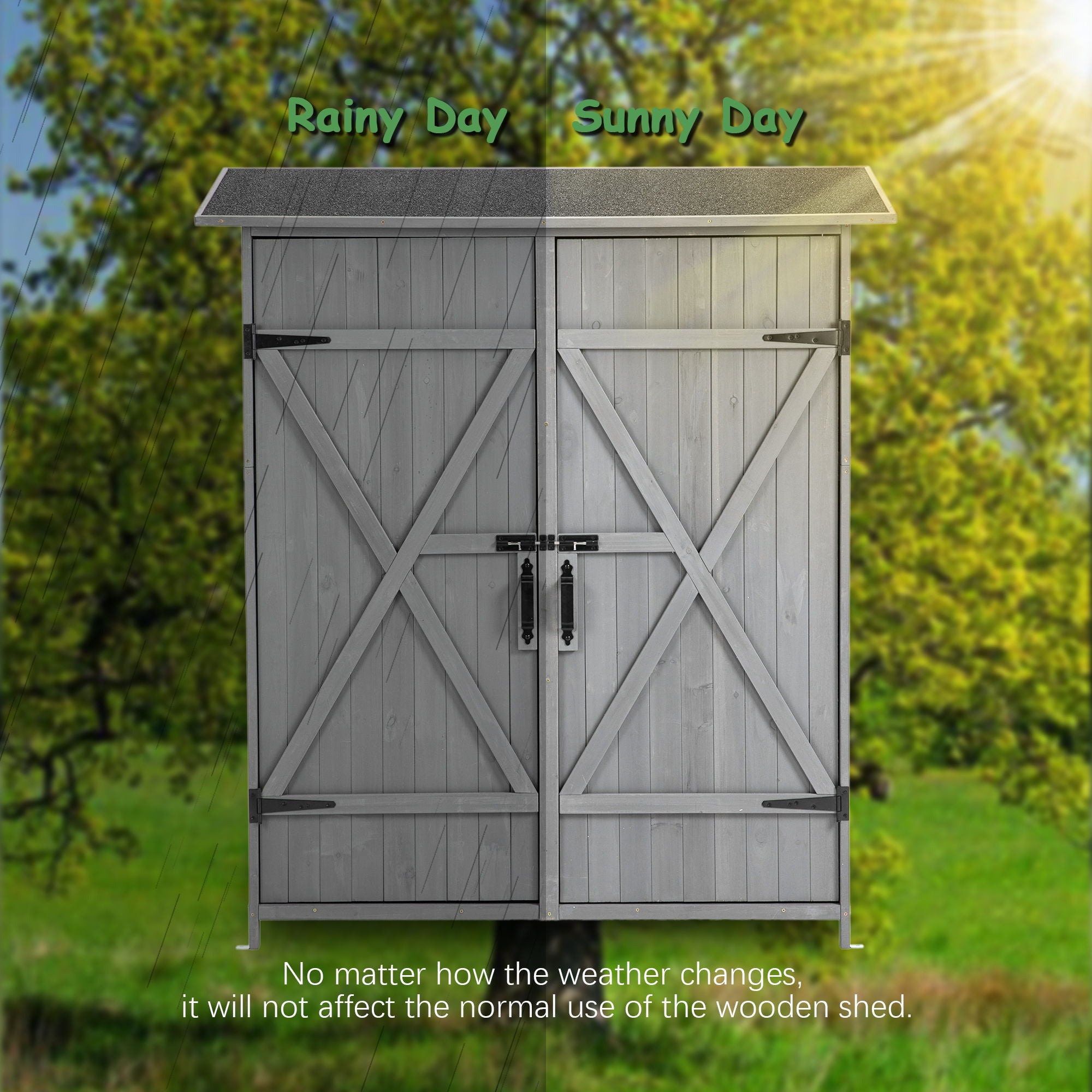 Outdoor Storage Shed With Lockable Door, Wooden Tool Storage Shed With Detachable Shelves & Pitch Roof