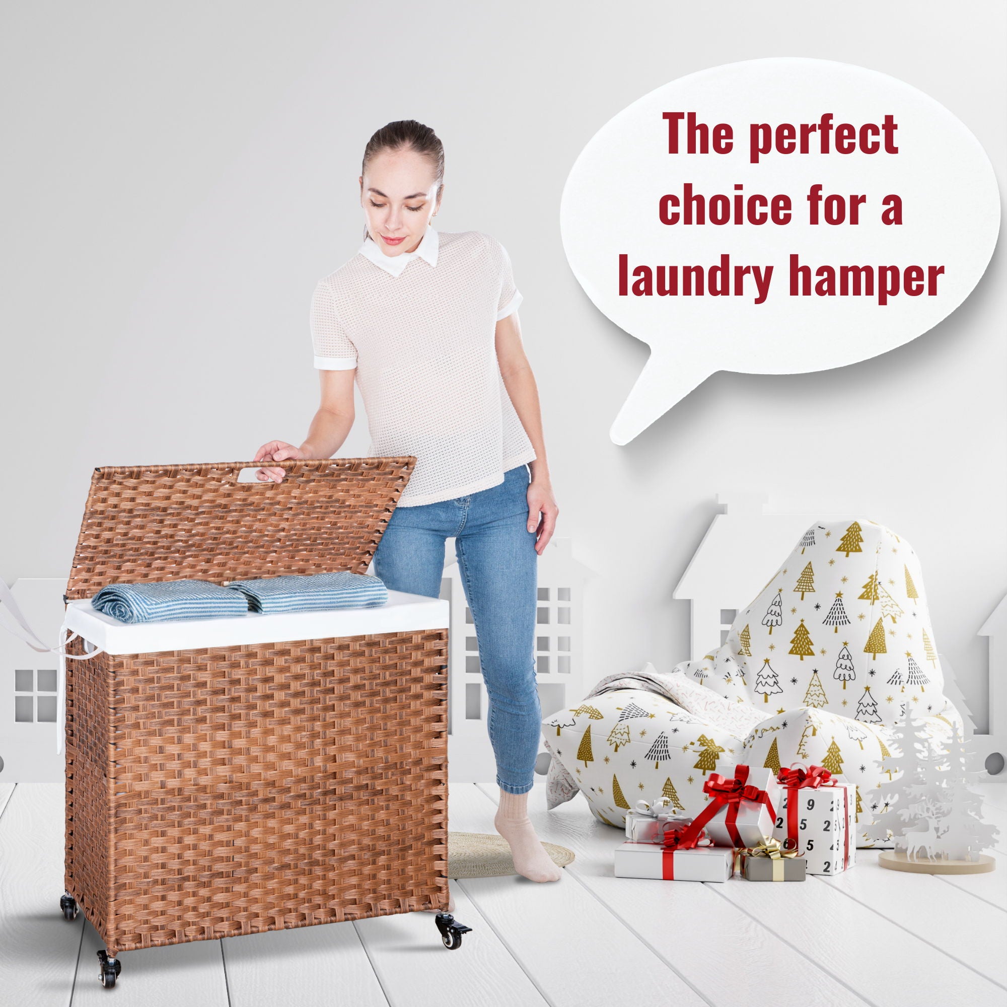 Laundry Hamper With Lid PE Rattan Powder Coating Frame Clothes Hampers With 2 Removable Bags