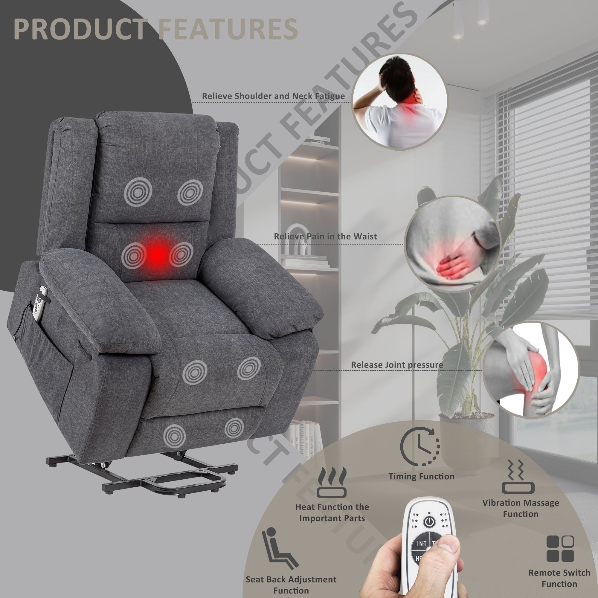 Electric Power Recliner Chair With Massage For Elderly, Remote Control Multi-Function Lifting, Timing, Cushion Heating Chair With Side Pocket