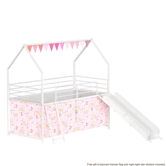 Jack - House Loft Bed With Slide And Curtain Set