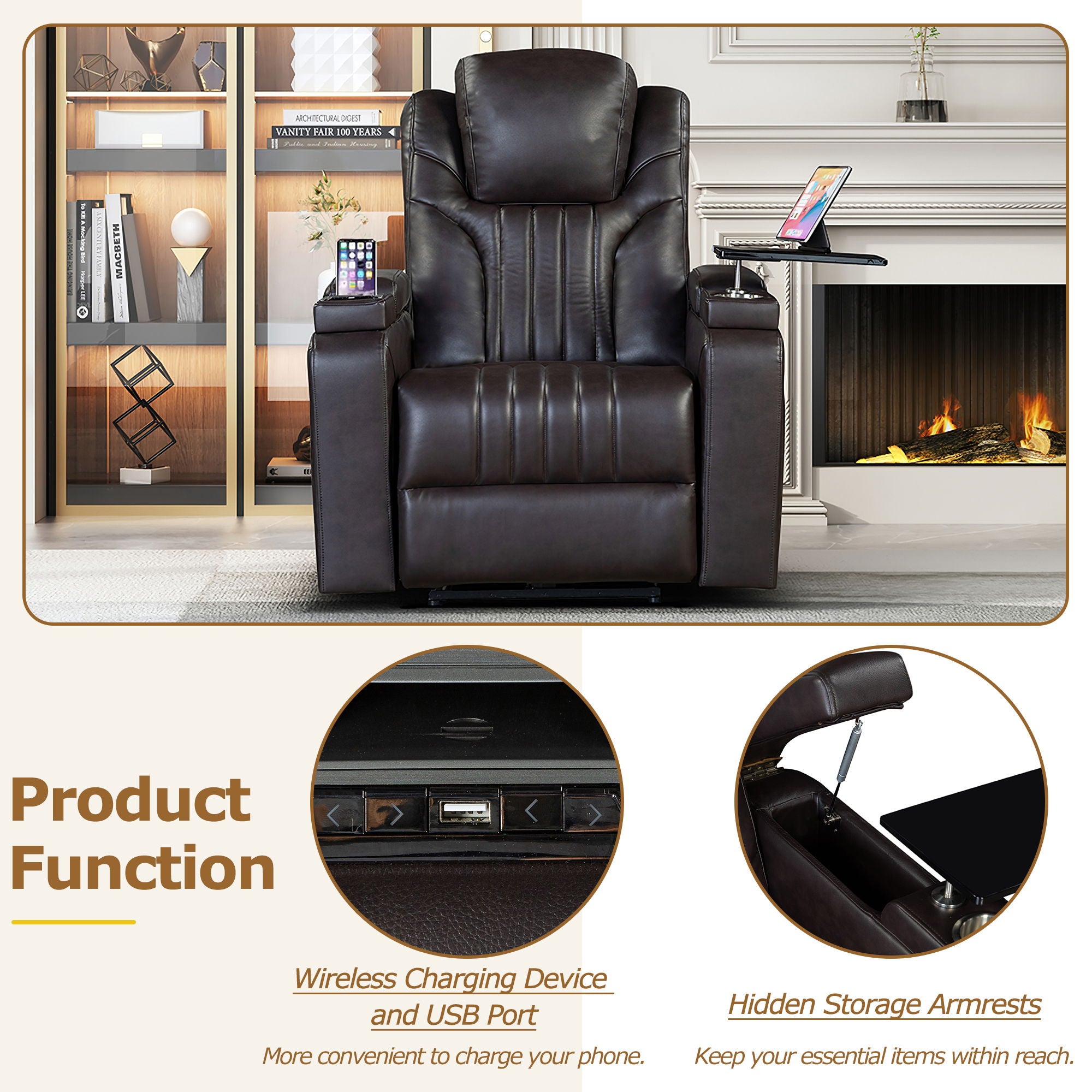 Power Recliner Home Theater Recliner With Power Adjustable Headrest, Wireless Charging Device, USB Port, Storage Arms, Cup Holder And Swivel Tray Table For Living Room