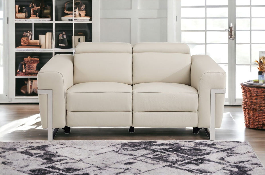 Italian Leather Power Reclining Loveseat - Beige / Silver