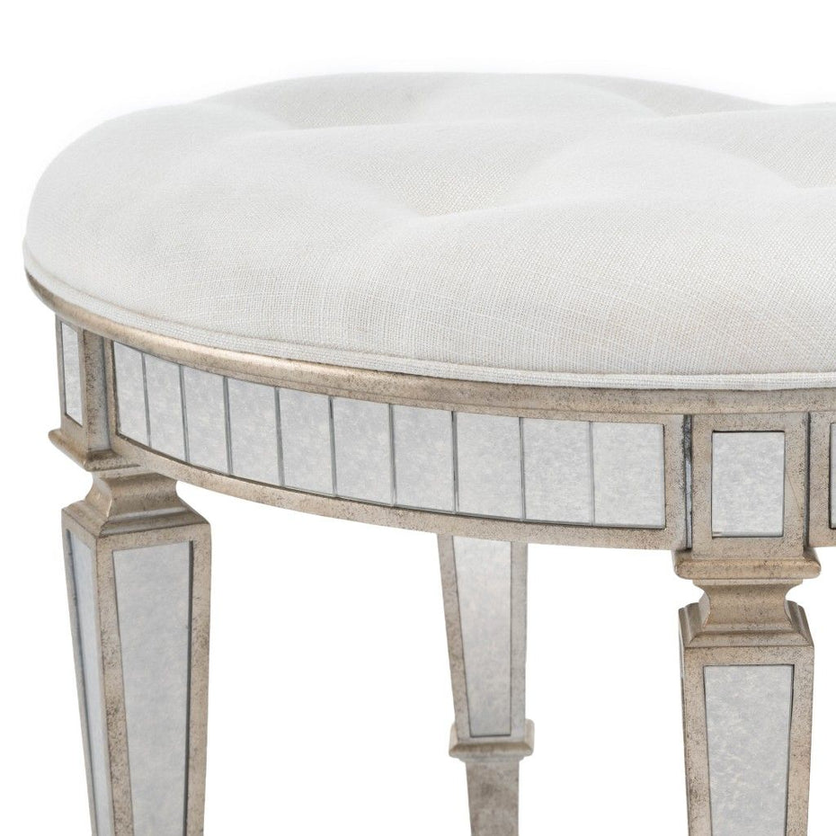 Linen Metallic Round Ottoman - Silver / Cream