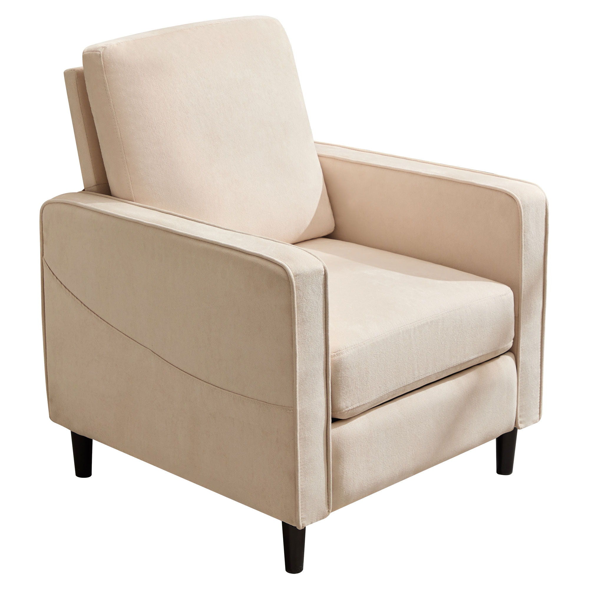 Mid-Century Accent Chair, Modern Linen Armchair For Living Room, Double Side Pockets, , Comfortable And Padded Reading Feature Sofa Chair, Suitable For Bedrooms, Living Rooms, And Offices - Beige