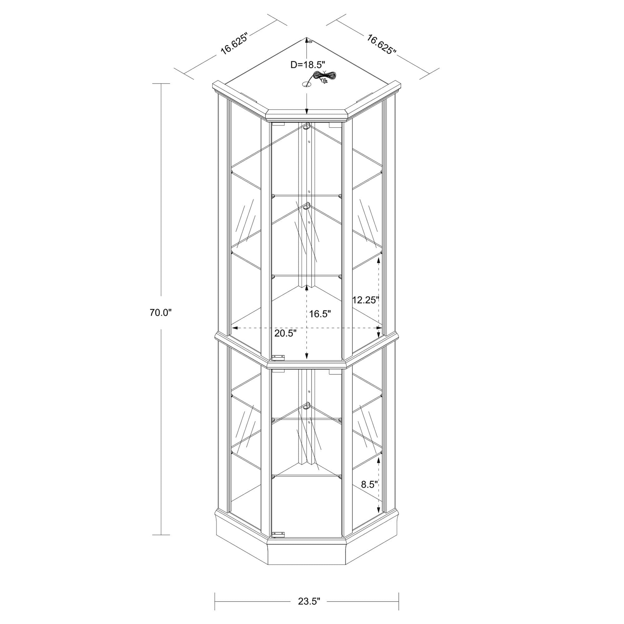 6 Shelf Lighted Corner Curio Cabinet With Adjustable Tempered Glass Shelves And Mirror Back (E26 Light Bulb Not Included)