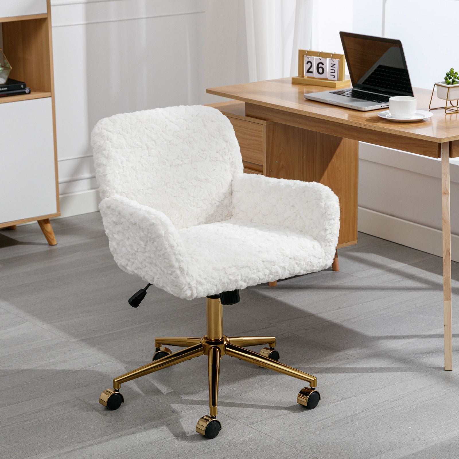 Office Chair, Artificial Rabbit Hair Home Office Chair With Golden Metal Base, Adjustable Desk Chair Swivel Office Chair, Vanity Chair