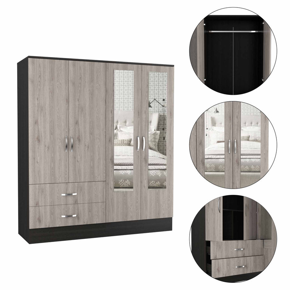 Four Door Wardrobe Closet With Mirrors - Light Oak / Black