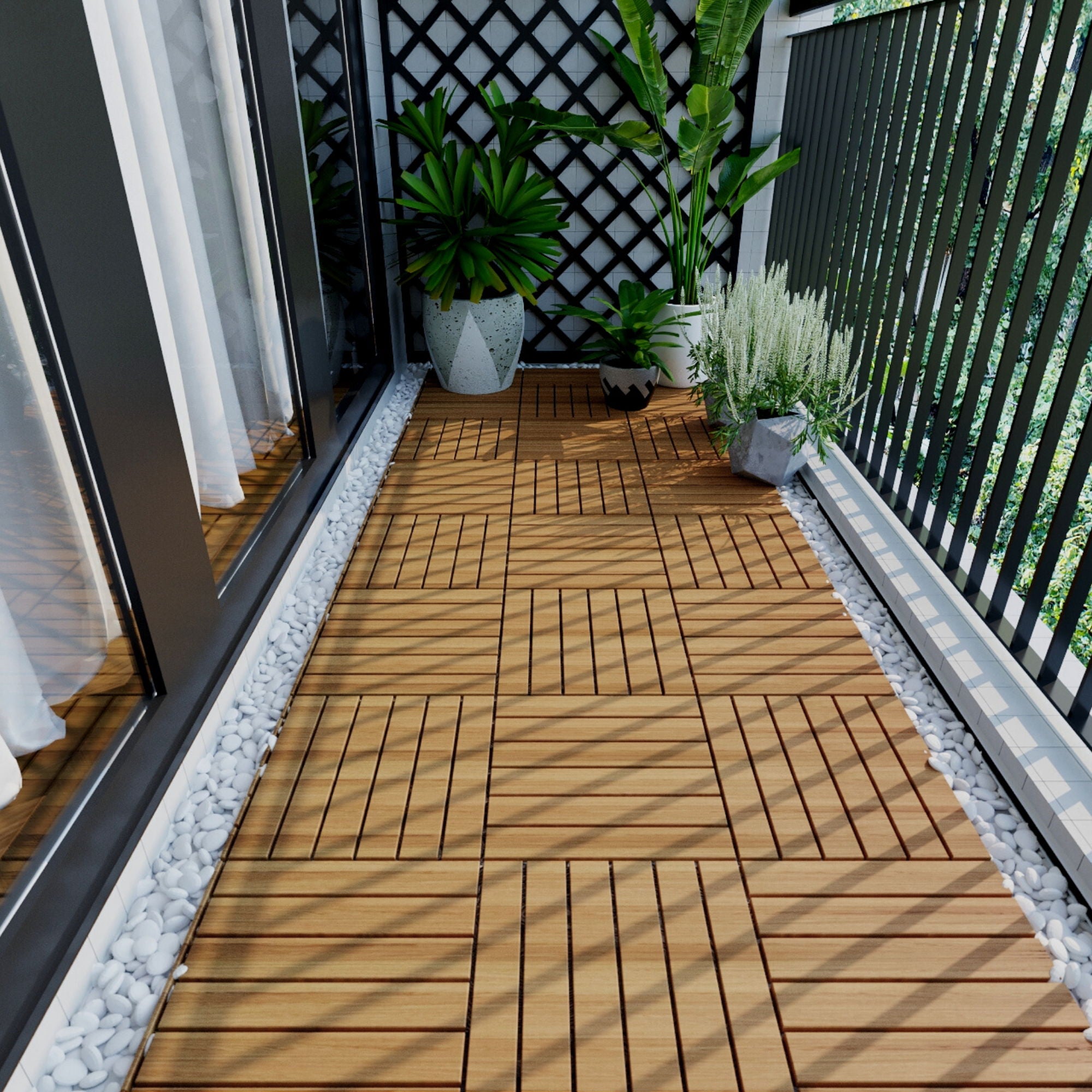 Interlocking Deck Tiles Striped Pattern, Square Acacia Hardwood Outdoor Flooring For Patio, Bancony, Pool Side