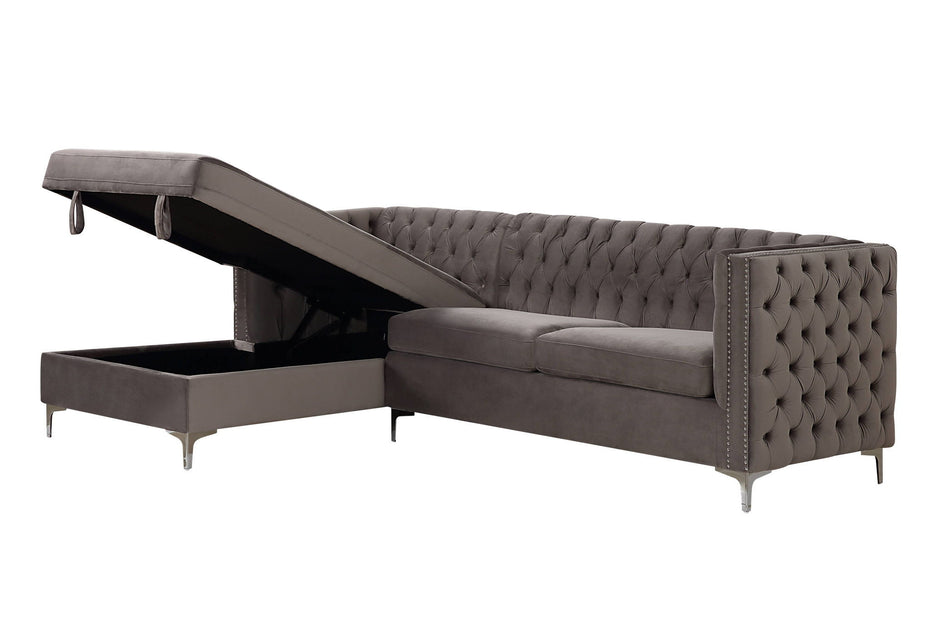 Velvet L Shaped Two Piece Sofa And Chaise Sectional - Gray