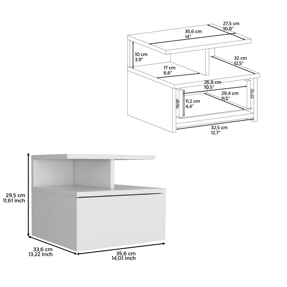 Floating Nightstand Wall Mounted With Single Drawer And 2 Tier Shelf - White