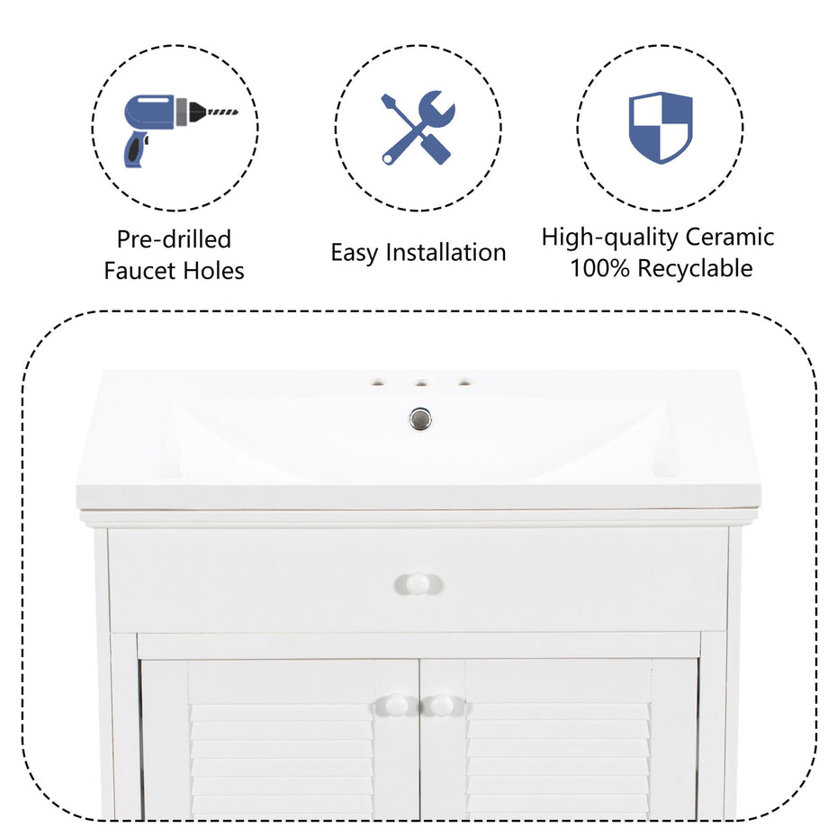 Bathroom Vanity With Sink, Bathroom Cabinet With Two Doors And One Drawer, White