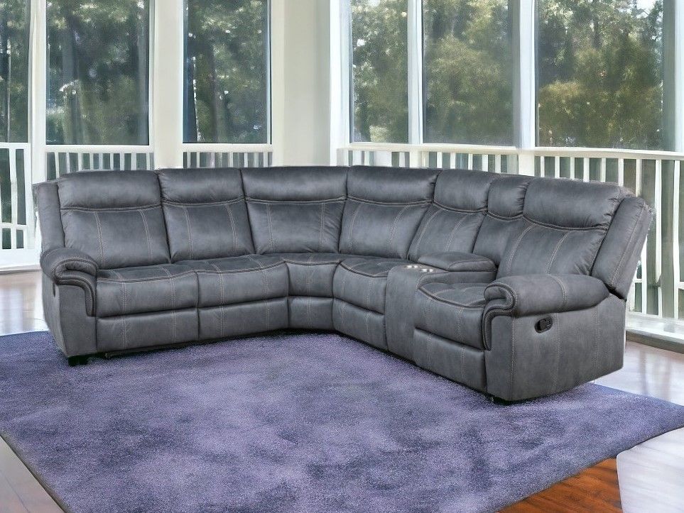 Velvet Reclining L Shaped Six Piece Corner Sectional With Console - Gray